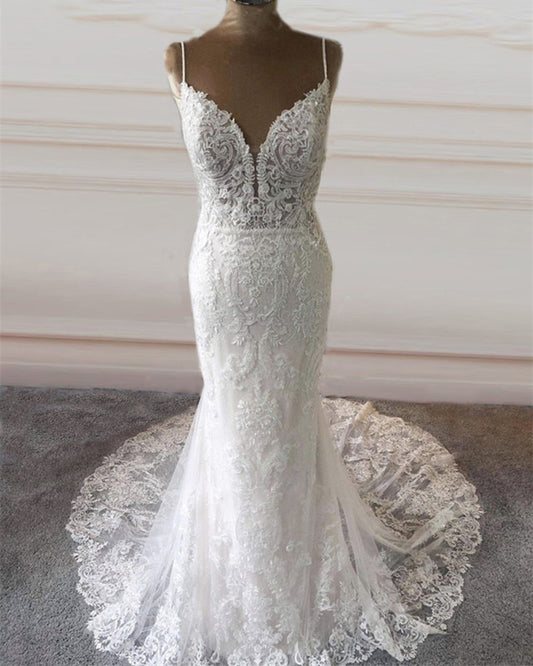 Lace Mermaid Wedding Dress Plunge Neck Spaghetti Straps