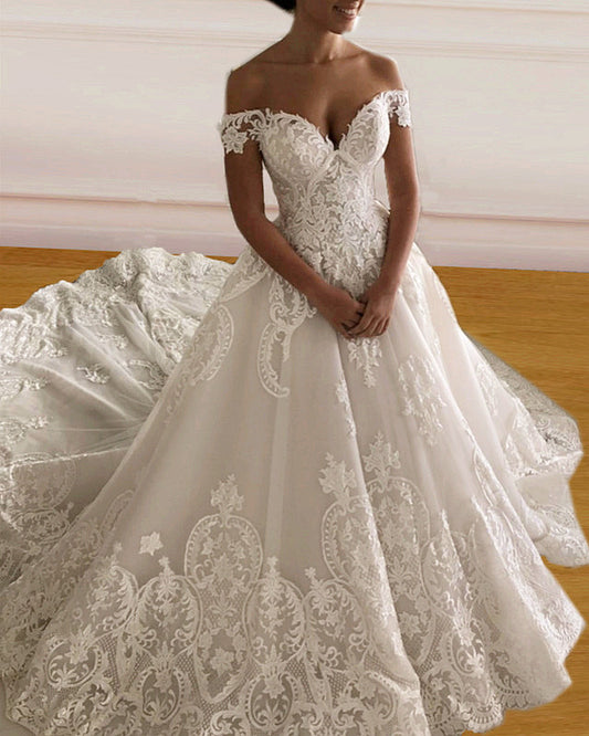 Vintage Lace Embroidery Wedding Dress Ball Gown Off The Shoulder