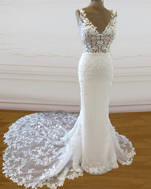 Mermaid V Neck Sweep Train Lace Embroidery Wedding Dress