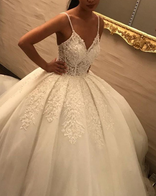 Spaghetti Straps Wedding Dress Lace Ball Gown V Neck