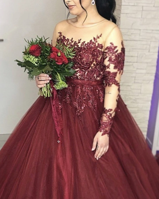 Burgundy Wedding Dress Sheer Neck Ball Gown Lace Appliques Long Sleeve – Lisposa