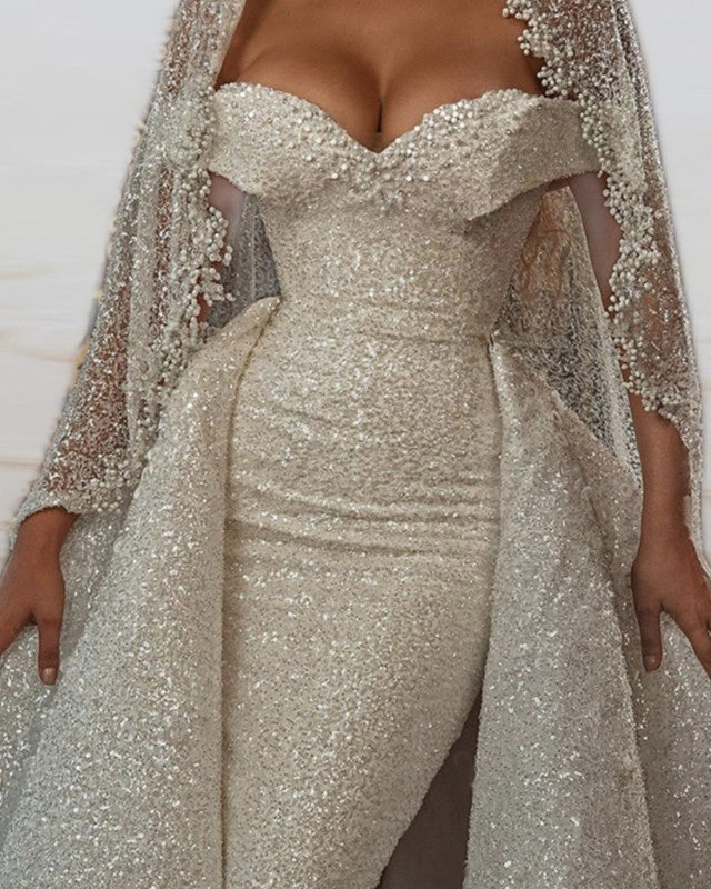 Mermaid Sequins Wedding Dress Off The Shoulder Removable Train