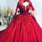 Red Sequins Lace Wedding Dress Ball Gown Long Sleeves