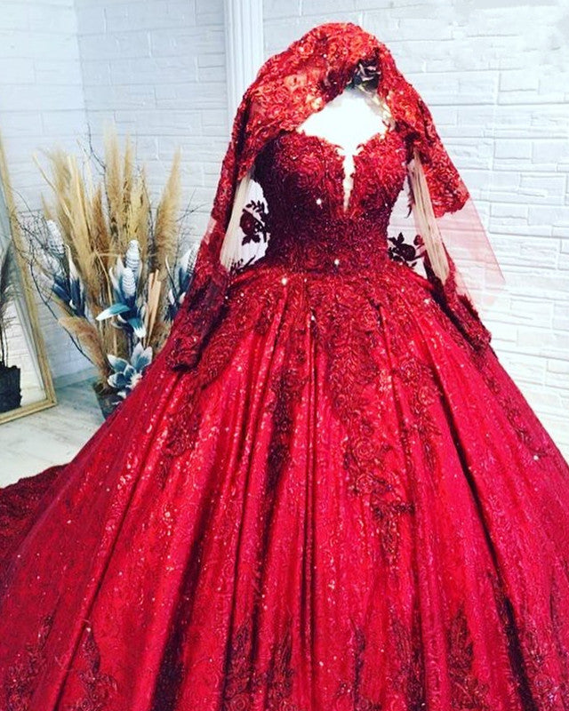 Red Sequins Lace Wedding Dress Ball Gown Long Sleeves