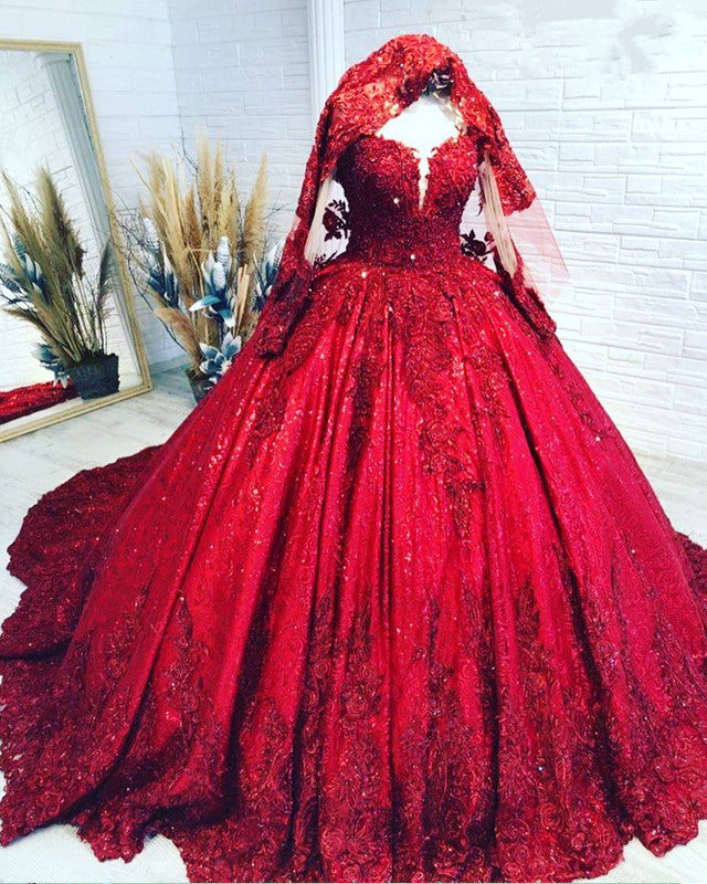 Red Sequins Lace Wedding Dress Ball Gown Long Sleeves – Lisposa