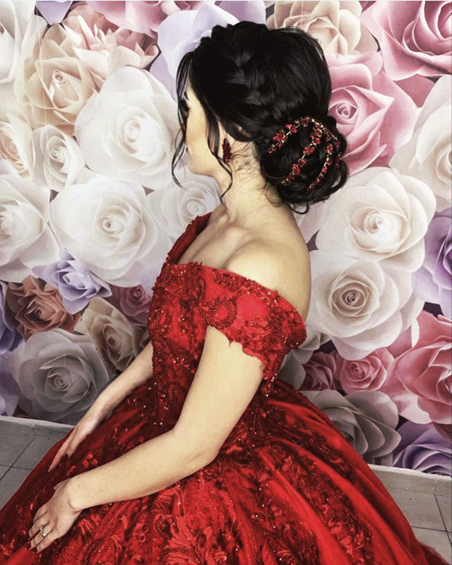 Red Wedding Dresses Sequins Lace Ball Gown Off The Shoulder