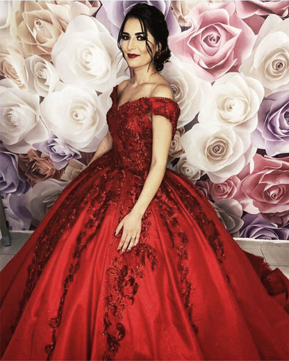 Red Wedding Dresses Sequins Lace Ball Gown Off The Shoulder