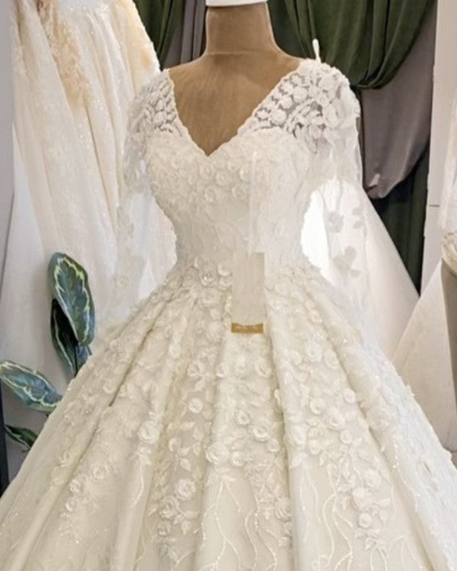 Long Sleeves Wedding Dress V Neck Floral Lace Ball Gown