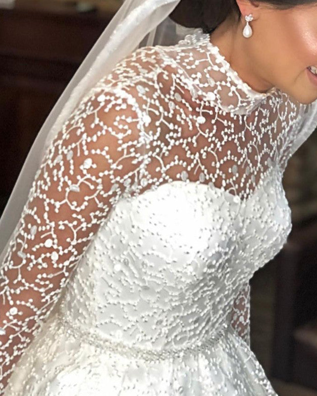 Sheer Lace Long Sleeves Princess Wedding Dress High Neck