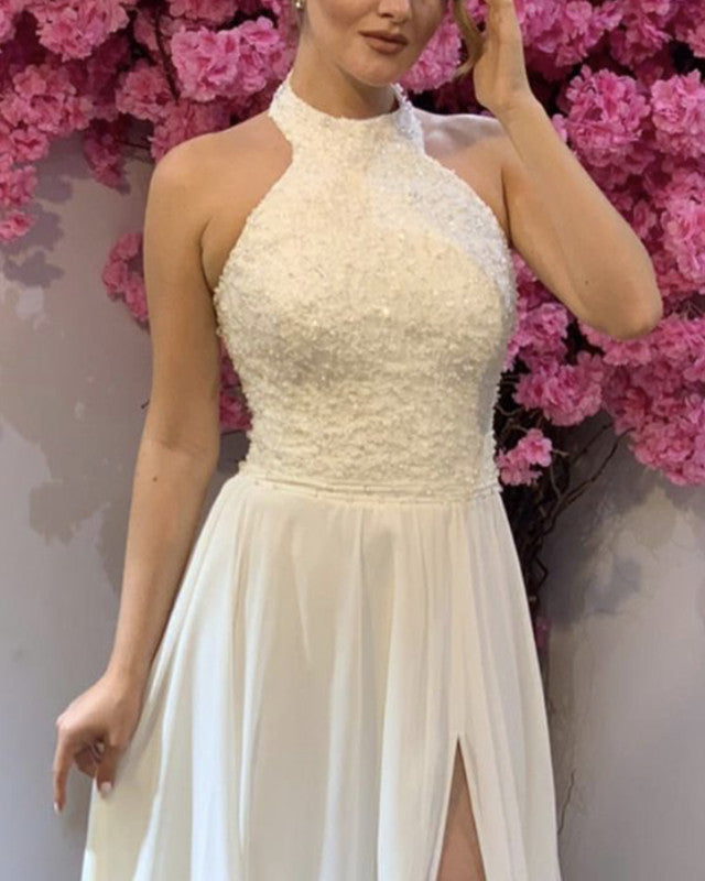 Halter Boho Wedding Dress Lace Appliques Chiffon Split