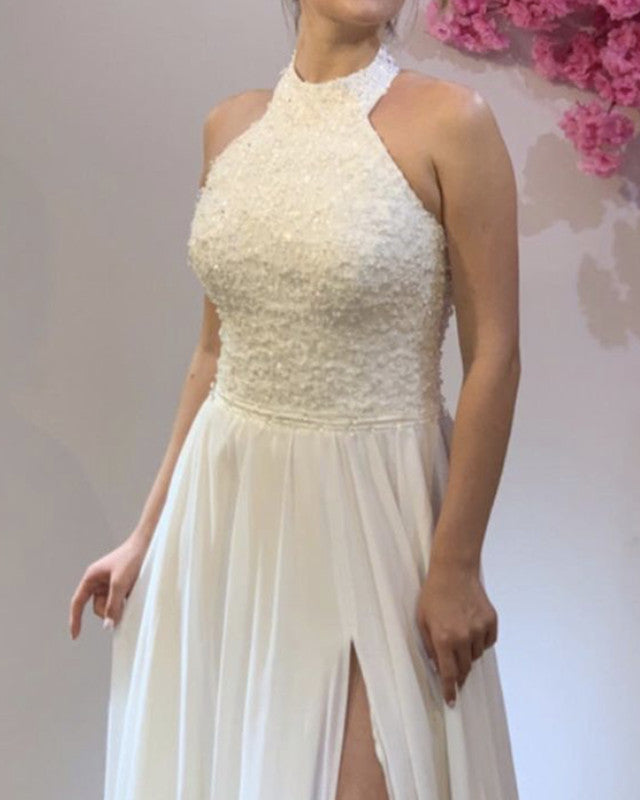 Halter Boho Wedding Dress Lace Appliques Chiffon Split