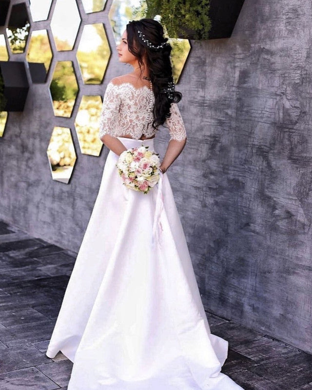 Boho Satin Wedding Dress Two Piece Lace Half Sleeves