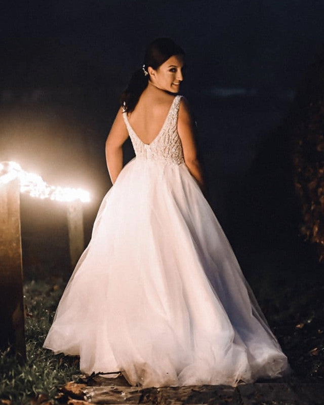 Tulle Destination Wedding Dresses V Neck Split Sequins Beaded