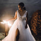 Tulle Destination Wedding Dresses V Neck Split Sequins Beaded