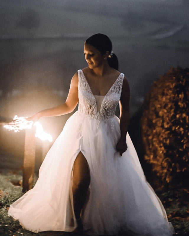 Tulle Destination Wedding Dresses V Neck Split Sequins Beaded