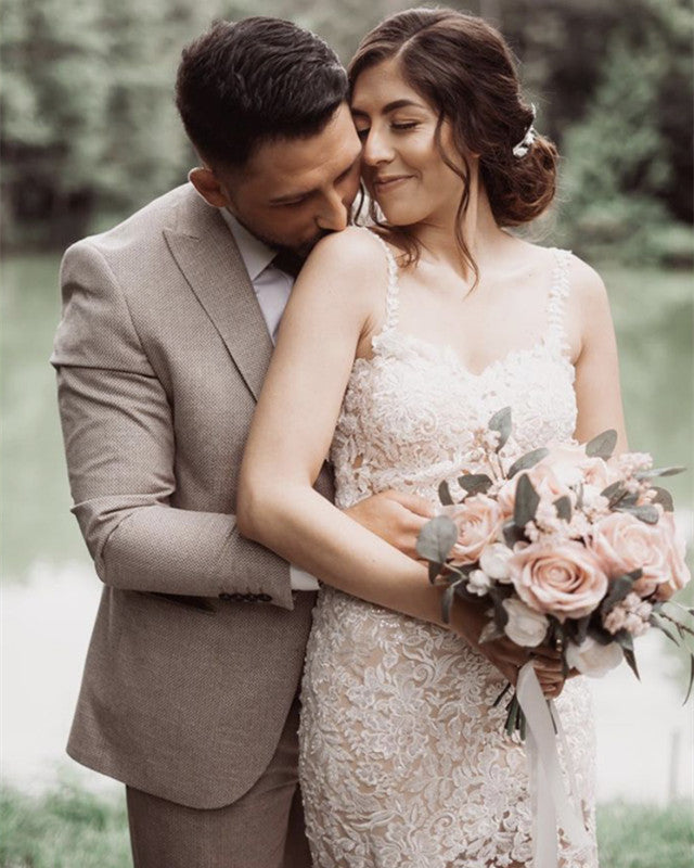 Boho Lace Mermaid Wedding Dress Open Back Spaghetti Straps
