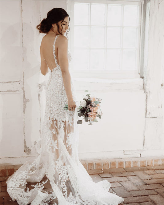 Boho Lace Mermaid Wedding Dress Open Back Spaghetti Straps