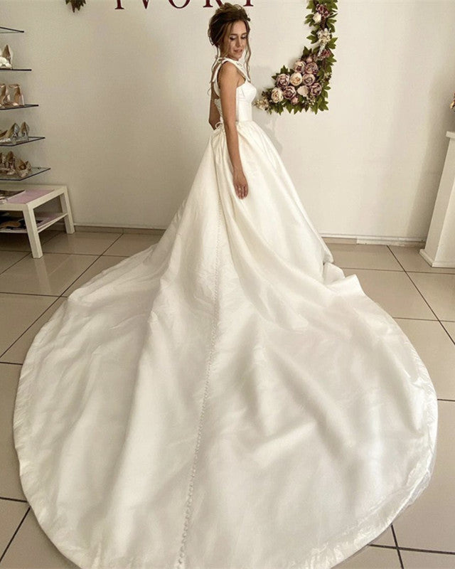 Ball Gown Satin Corset Wedding Dress Sweetheart Bow Straps