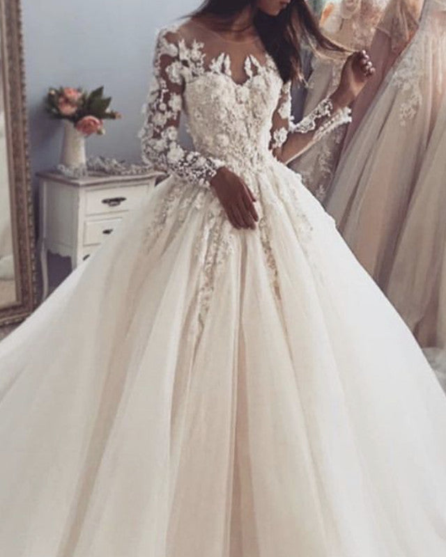 Sheer Neck Wedding Dress Ball Gown Tulle Appliques