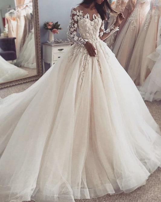 Sheer Neck Wedding Dress Ball Gown Tulle Appliques