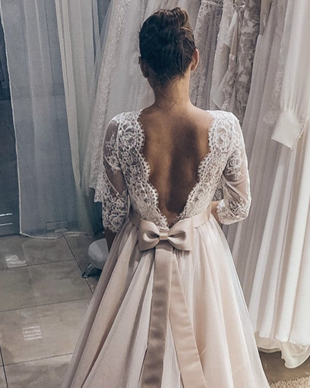 Modest Lace 3/4 Sleeves Wedding Dress Bow Back
