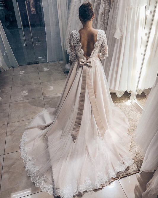 Modest Lace 3/4 Sleeves Wedding Dress Bow Back