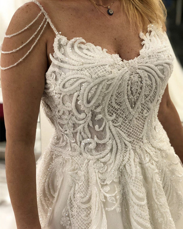 Lace Embroidery Wedding Dress Tulle V Neck With Pearl Straps