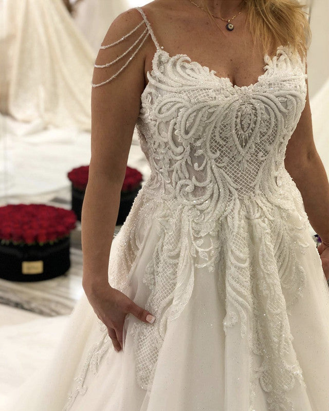 Lace Embroidery Wedding Dress Tulle V Neck With Pearl Straps