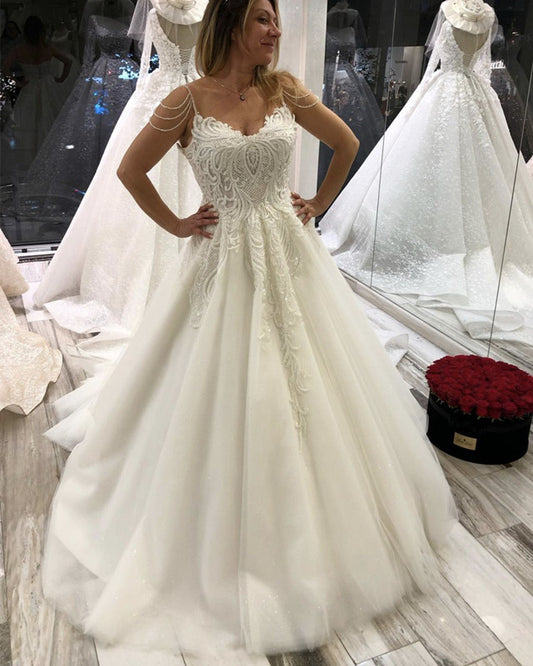 Lace Embroidery Wedding Dress Tulle V Neck With Pearl Straps