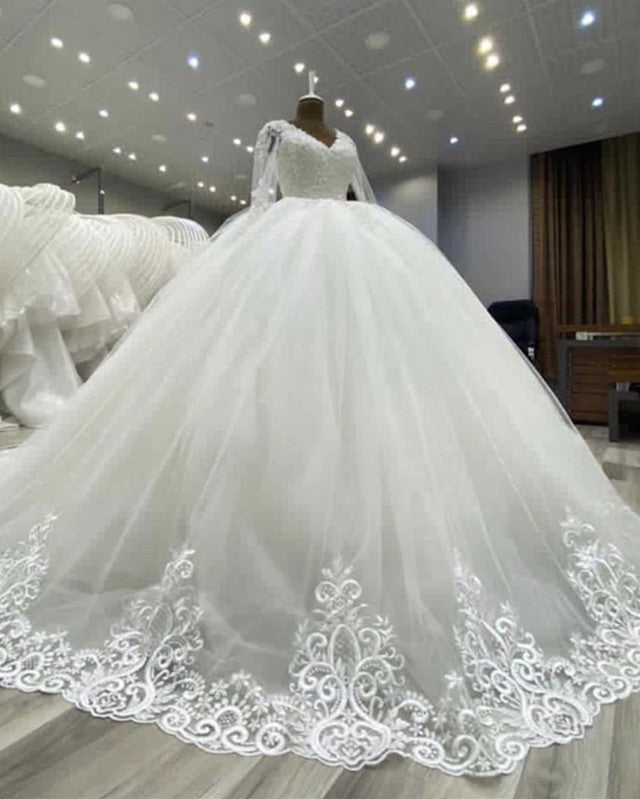 Puffy Wedding Dress Ball Gown Tulle V Neck Lace Sleeves