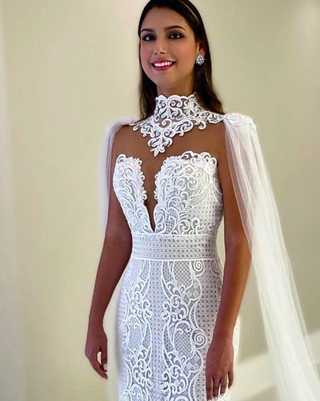 Cape Back Mermaid Wedding Dress Lace Embroidery