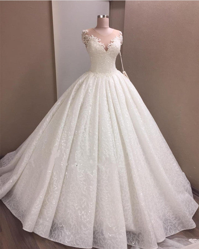 Sequins Lace Wedding Dress Ball Gown Scoop Neck