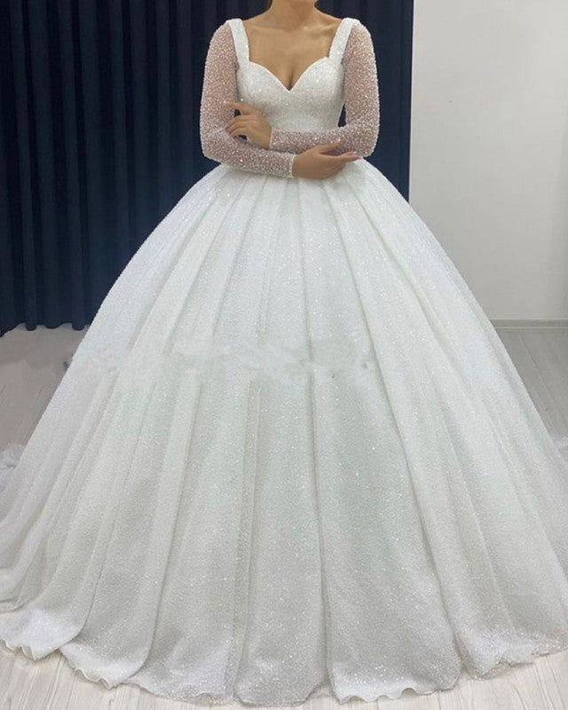 Long Sleeves Sweetheart Wedding Dress Sequins Ball Gown