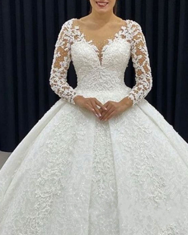 Vintage Lace Ball Gown Wedding Dress Long Sleeves