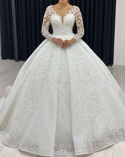 Vintage Lace Ball Gown Wedding Dress Long Sleeves