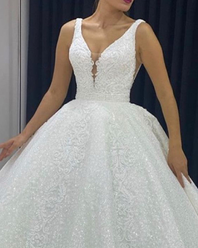 Plunge Neck Wedding Lace Ball Gown Dresses