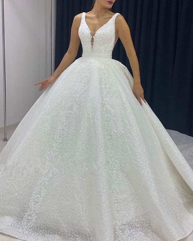 Plunge Neck Wedding Lace Ball Gown Dresses