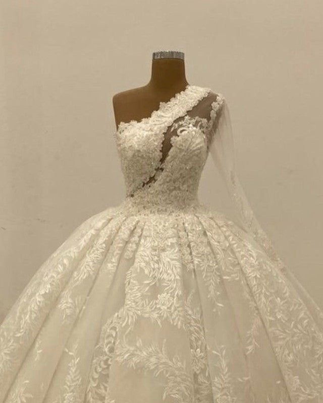 Ball Gown Lace Wedding Dress One Shoulder