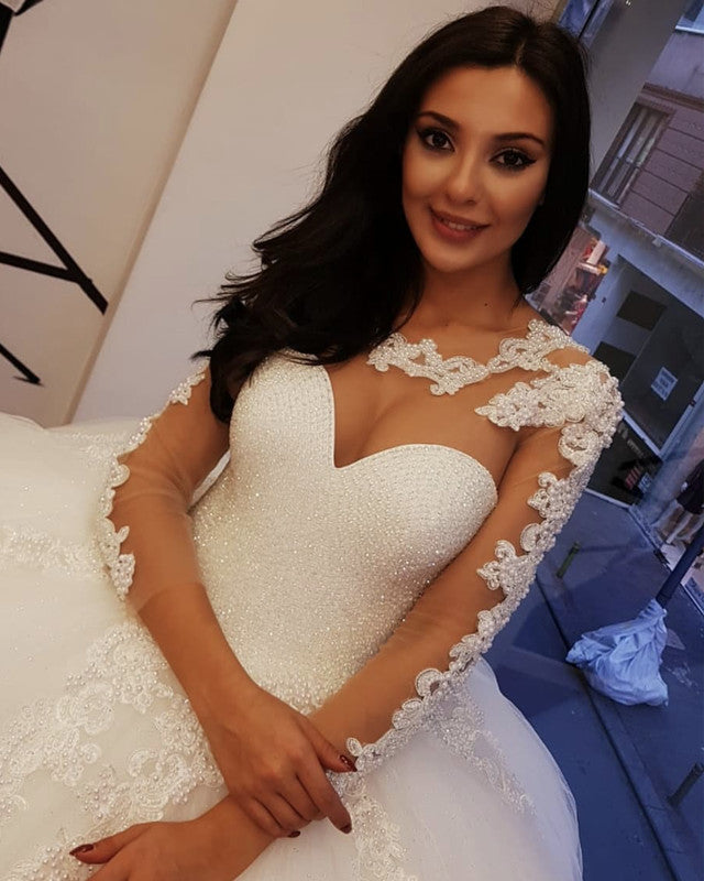 Elegant Lace Long Sleeves Beaded Corset Wedding Dress Ball Gown