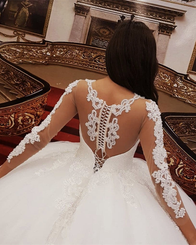 Elegant Lace Long Sleeves Beaded Corset Wedding Dress Ball Gown