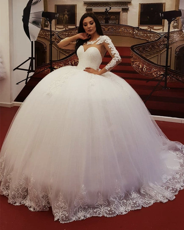 Elegant Lace Long Sleeves Beaded Corset Wedding Dress Ball Gown