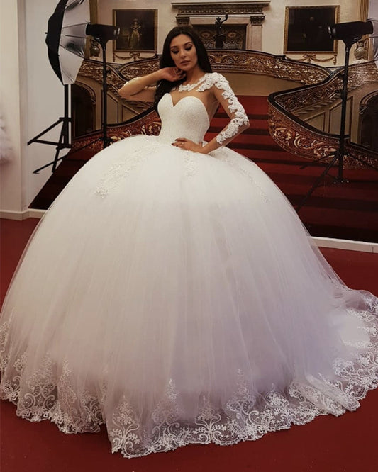 Elegant Lace Long Sleeves Beaded Corset Wedding Dress Ball Gown