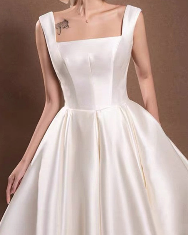 Ball Gown Midi Wedding Satin Dress With Bow