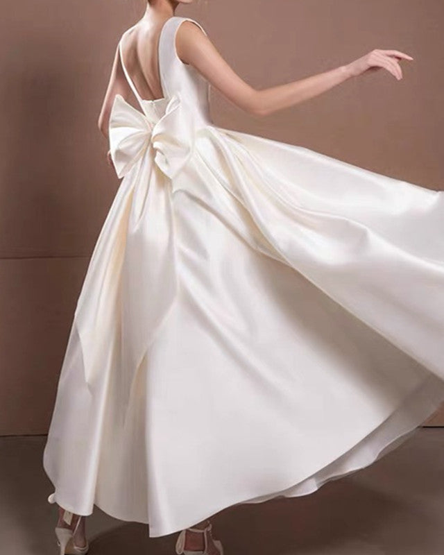 Ball Gown Midi Wedding Satin Dress With Bow