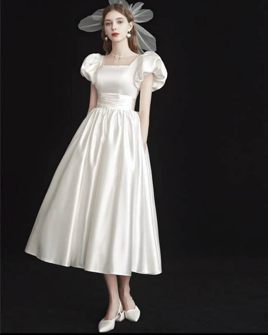 Puffy Sleeve Satin Midi Wedding Dress Wih Pockets