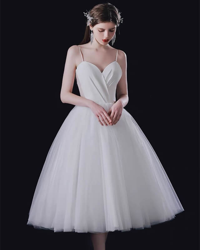 Short White Pleated Satin Sweetheart Tulle Dress