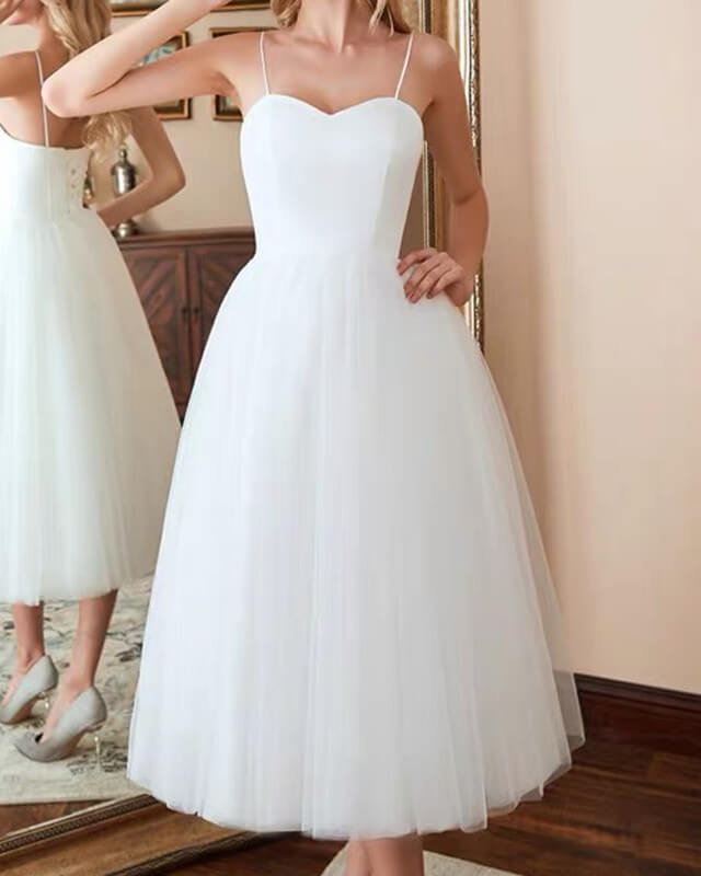 White A-line Sweetheart Tea Length Dress