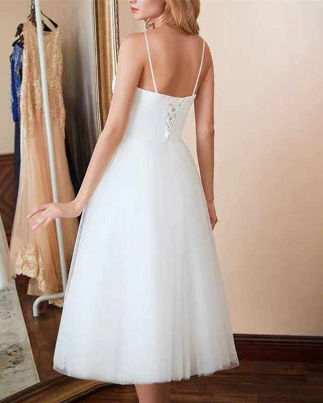 White A-line Sweetheart Tea Length Dress