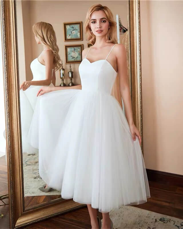 White A-line Sweetheart Tea Length Dress
