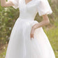 White Puffy Sleeve Organza Wedding Tea Length Dress